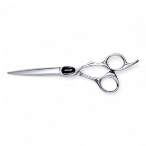 Phullcutz e-kwip+ Primus 60 Haarschere 6.0 aus poliertem Edelstahl mit schwarzem Logo-Griffstück für präzise Schnitttechnik