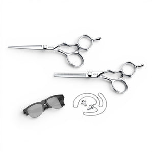 Phullcutz e-kwip Surimu Set 55 mit zwei silbernen Profi-Friseurscheren aus VG-10 Stahl und schwarzen Soundglasses.