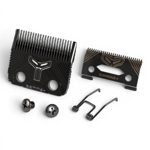 Phullcutz Gamma+ Echo MIM & Shallow DLC clipper blade set with two black blades, two screws, and two springs.