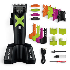 Phullcutz Gamma+ Xceed professionelle Haarschneidemaschine mit schwarzem Gehäuse und grünen Akzenten, inklusive Ladestation und Zubehör.