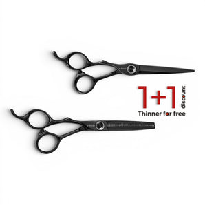 Phullcutz e-kwip Kuro Set LEFT: Linkshänder-Schneideschere 5,5" und Modellierschere 5,5" mit schwarzer Titanbeschichtung und Kugellager.