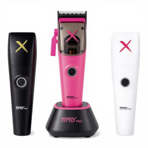 Phullcutz MRD Pro Ultimate X hair clipper in pink, black, and white with charging stand. Features precision blades and ergonomic design.