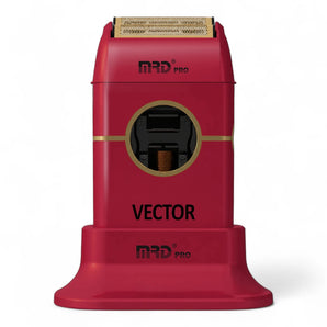 Phullcutz MRD Pro ZB-999 Vector Motor Shaver Rot mit goldener Folienklinge auf Ladestation für präzise Rasur