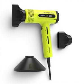 Phullcutz ROVRA Haartrockner in leuchtendem Neongrün mit digitaler Anzeige und Aufsätzen für Styling und Volumen.