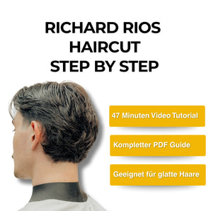 Richard Rios Haircut Step by Step: Schnitt von hinten mit Hinweis auf 47-Minuten-Video und PDF-Guide für glatte Haare