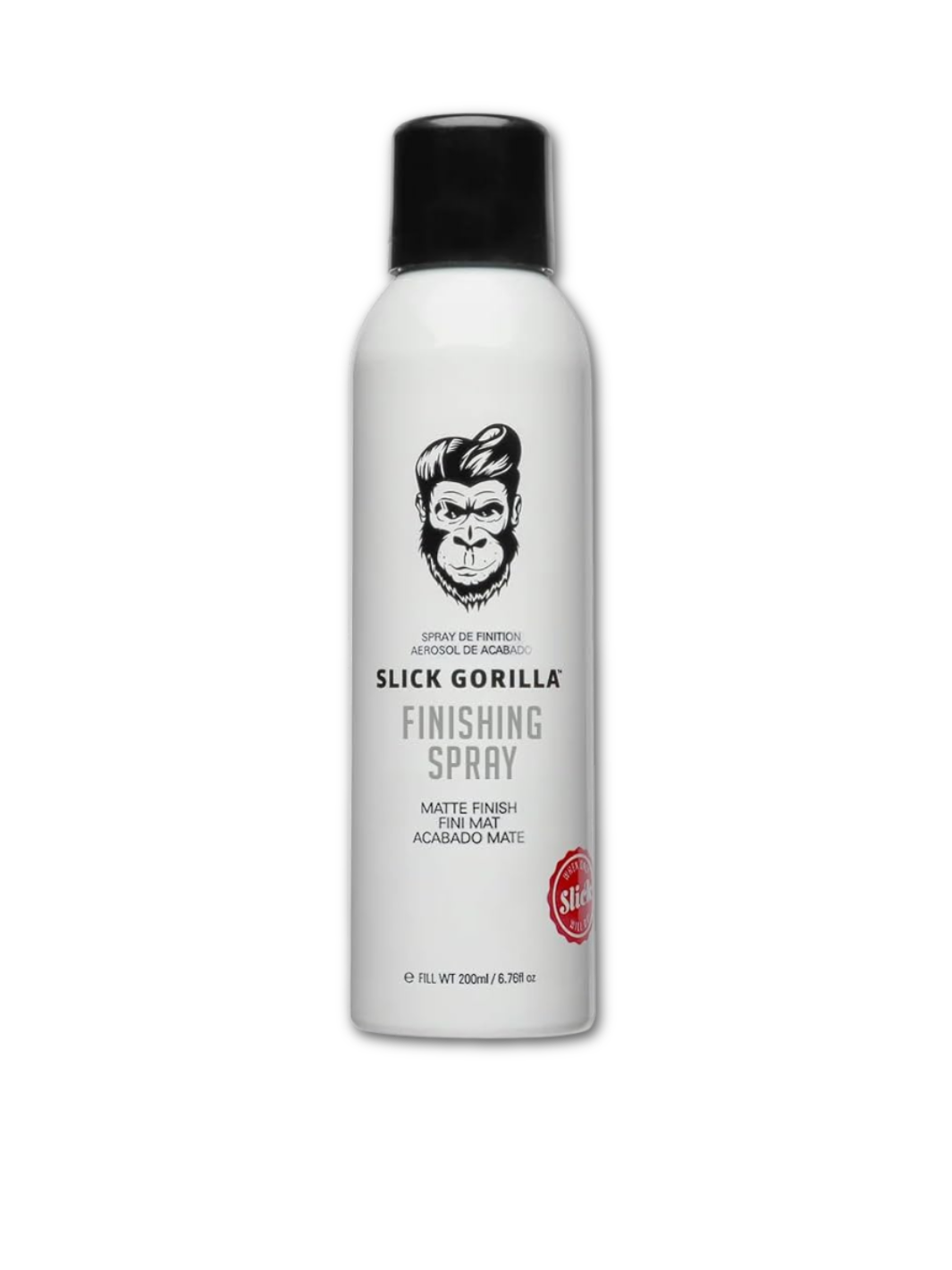 Slick Gorilla 200ml Haarspray mit mattem Finish, in einer weißen Flasche mit schwarzer Kappe und Gorilla-Motiv, erhältlich bei Phullcutz.