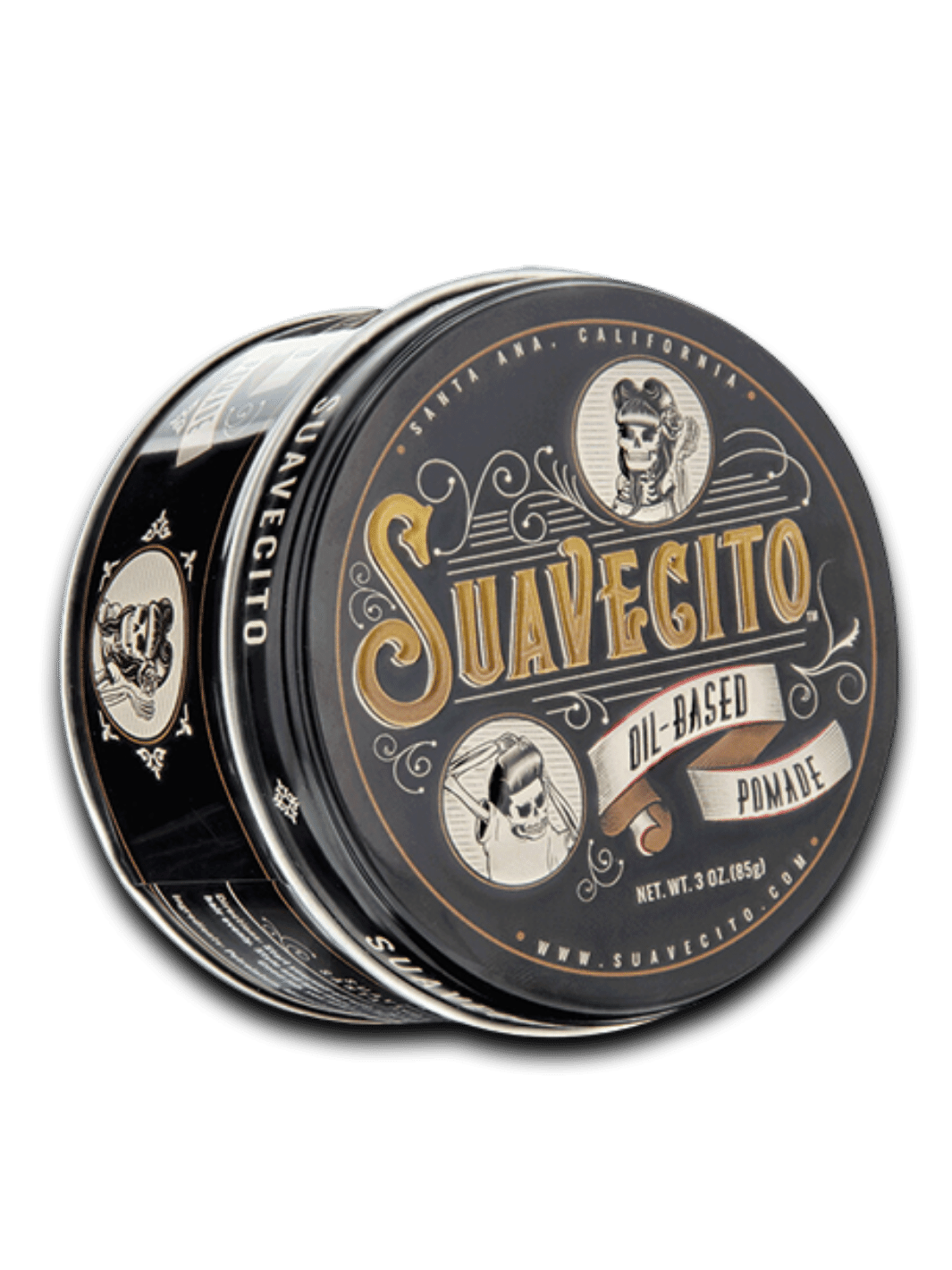 Suavecito Pomade auf Ölbasis, 85g Dose, bietet starken Halt und mittleren Glanz für klassische Frisuren, in einer charakteristischen schwarzen Dose mit dem Suavecito-Logo, erhältlich bei Phullcutz.