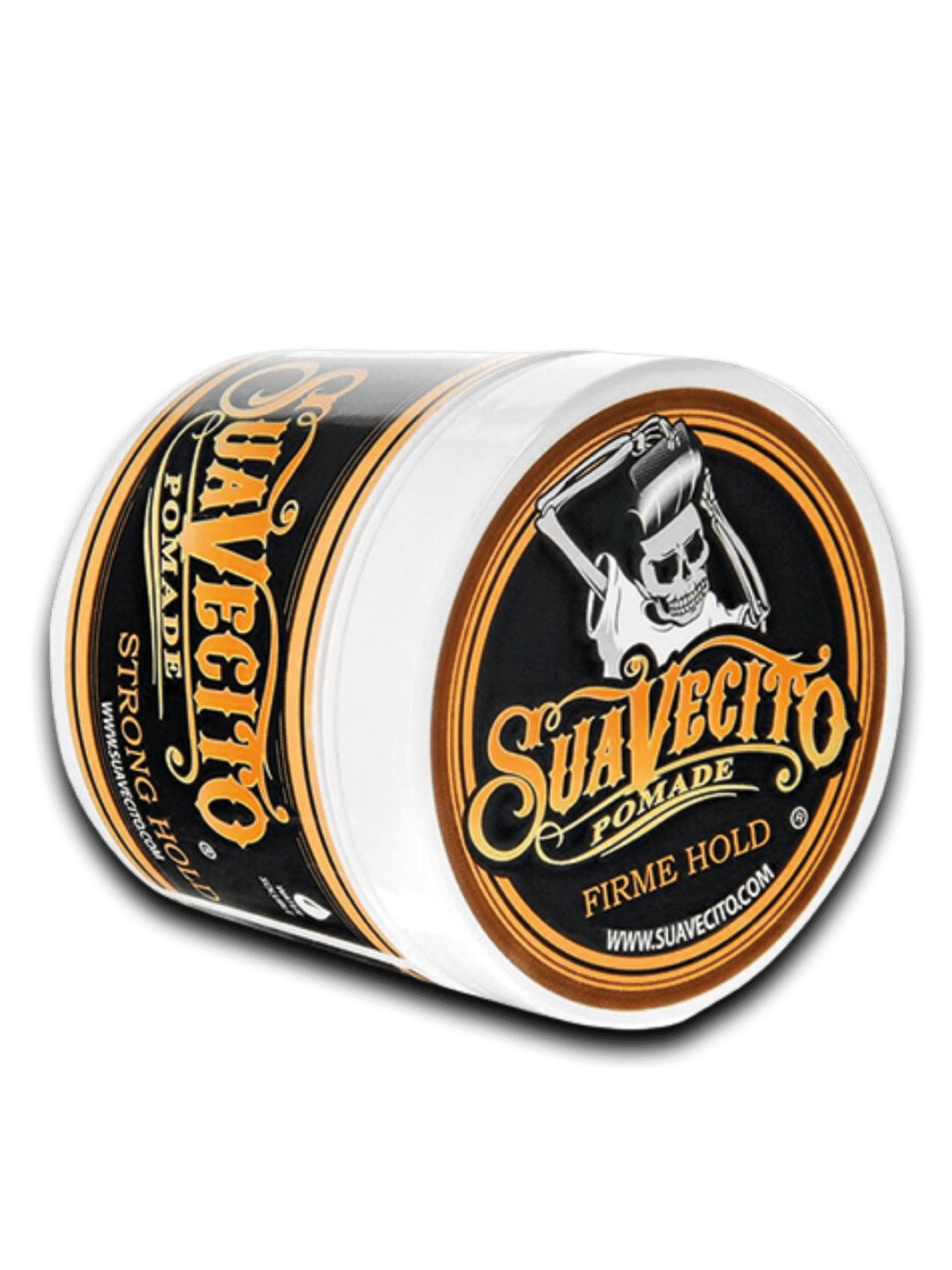 Suavecito Pomade Firme, 113g Dose, bietet extra starken Halt und hohen Glanz für anspruchsvolle Haarstile, in einer markanten schwarzen Dose mit rot-weißem Suavecito-Logo, verfügbar bei Phullcutz.