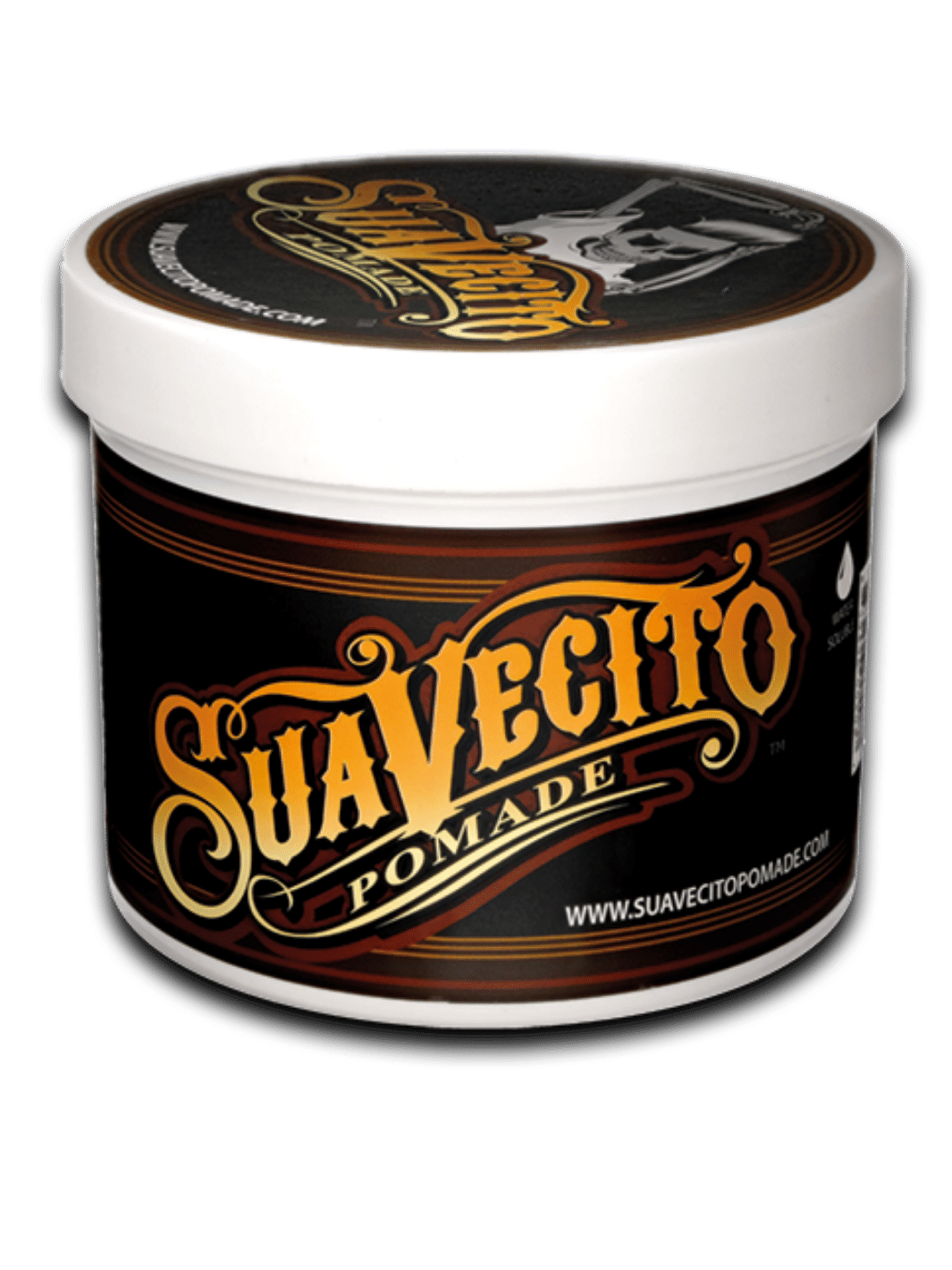 Suavecito Pomade Original, 113g Dose, bietet mittleren Halt und hohen Glanz, ideal für klassische Frisuren wie Pompadours und Slick-backs, in einer ikonischen schwarzen Dose mit dem klassischen Suavecito-Logo, erhältlich bei Phullcutz.