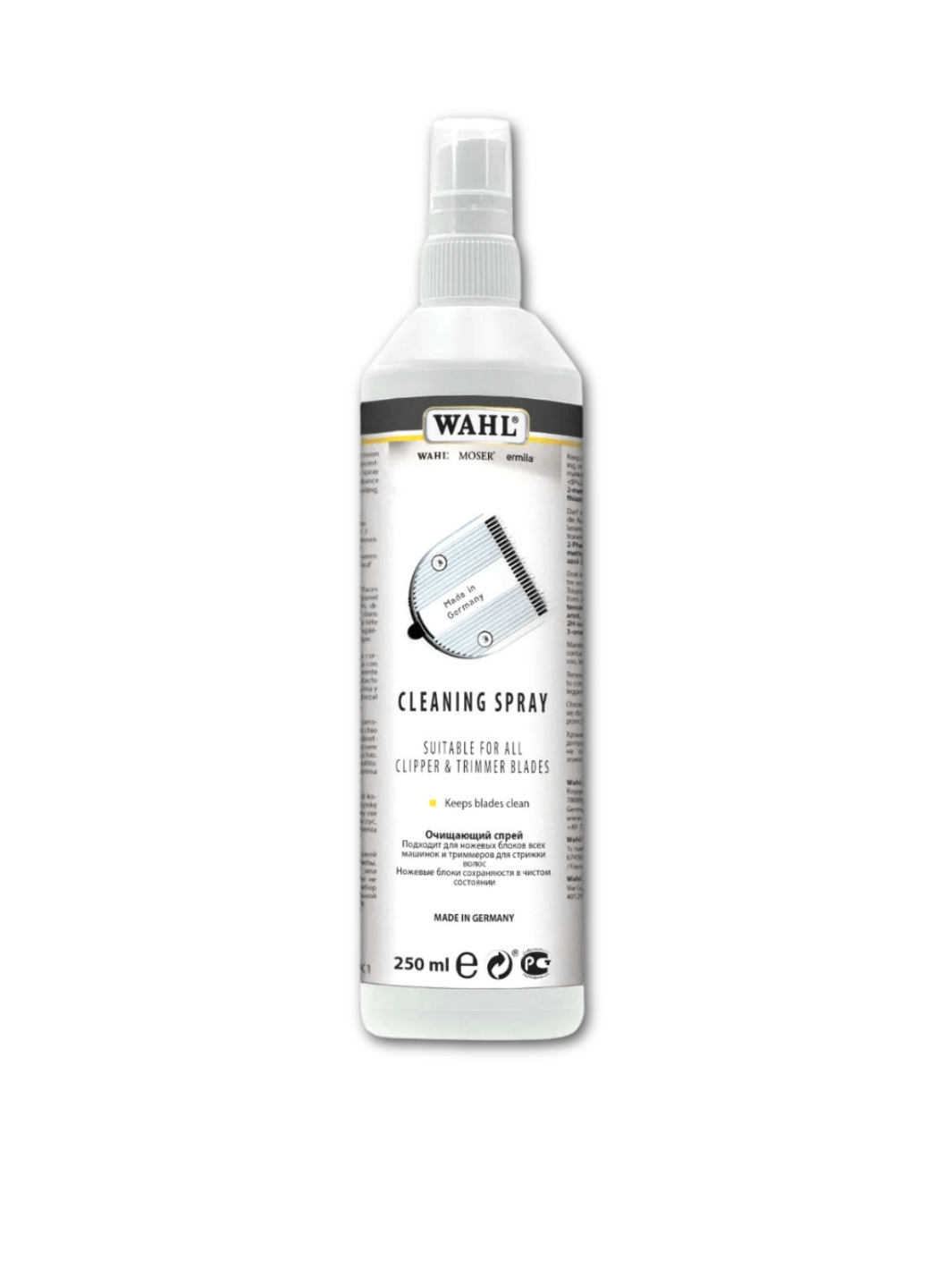 Wahl Professional Cleaning Spray 250 ml für hygienische Reinigung und Korrosionsschutz, ideal für Schneidsätze und Maschinen, erhältlich bei Phullcutz.