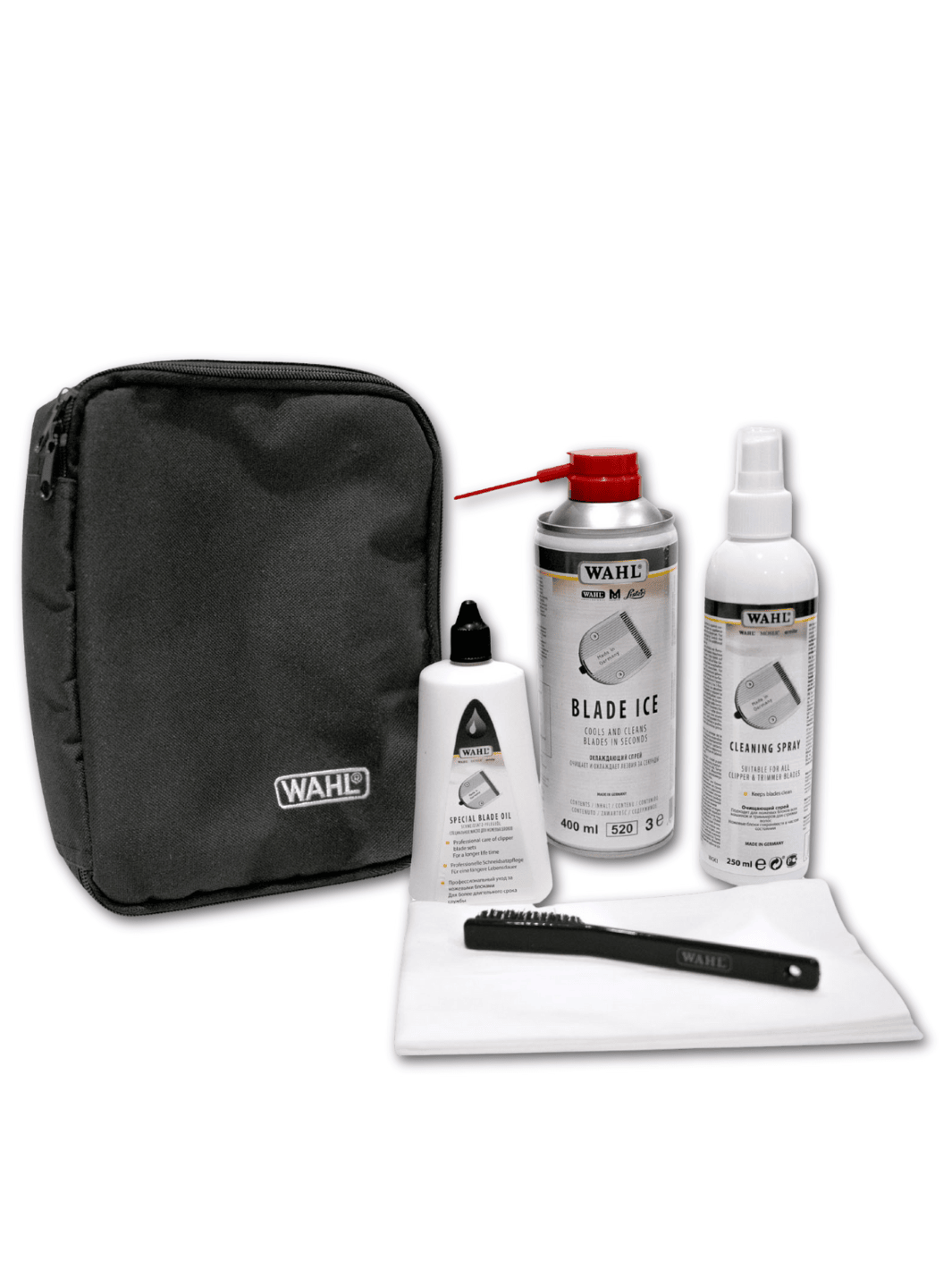 Wahl Professional Pflegeset für Schneidsätze mit Schneidsatzöl, Blade Ice, Cleaning Spray und Zubehör, erhältlich bei Phullcutz.